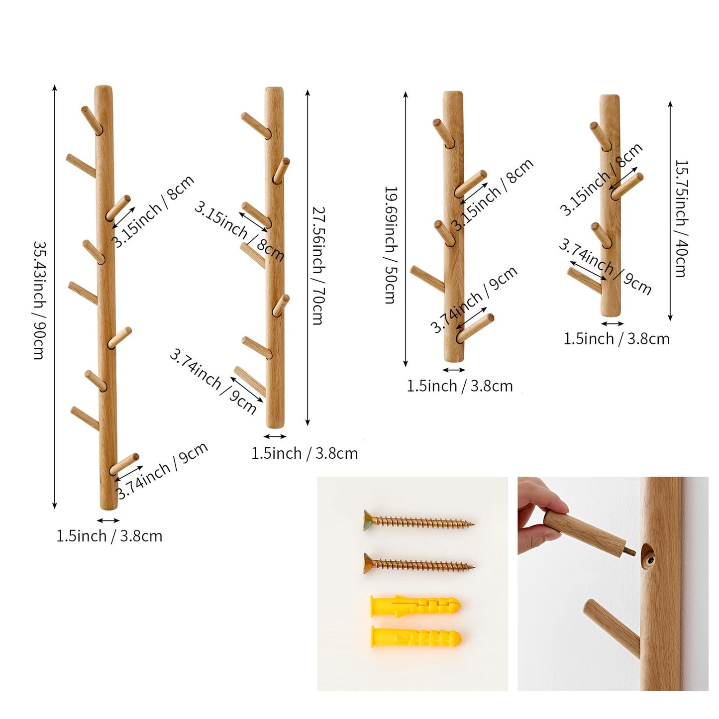 OAKERLAND Wooden Coat Rack Wall Mounted, 90cm Oak Floating Hooks for Jackets, Bag, Scarves, Handbags, 9 Hooks Branch Shape Coat Rack for Entryway
