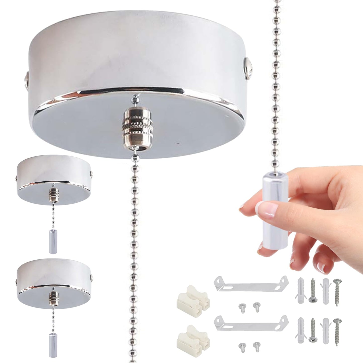 2 PCS Pull Cord Light Switch Bathroom with Chrome Cylindrical Handle, 150 Cm Bathroom Light Pull Cord Kit for Utility Room, Wet Room, Bedrooms, Living