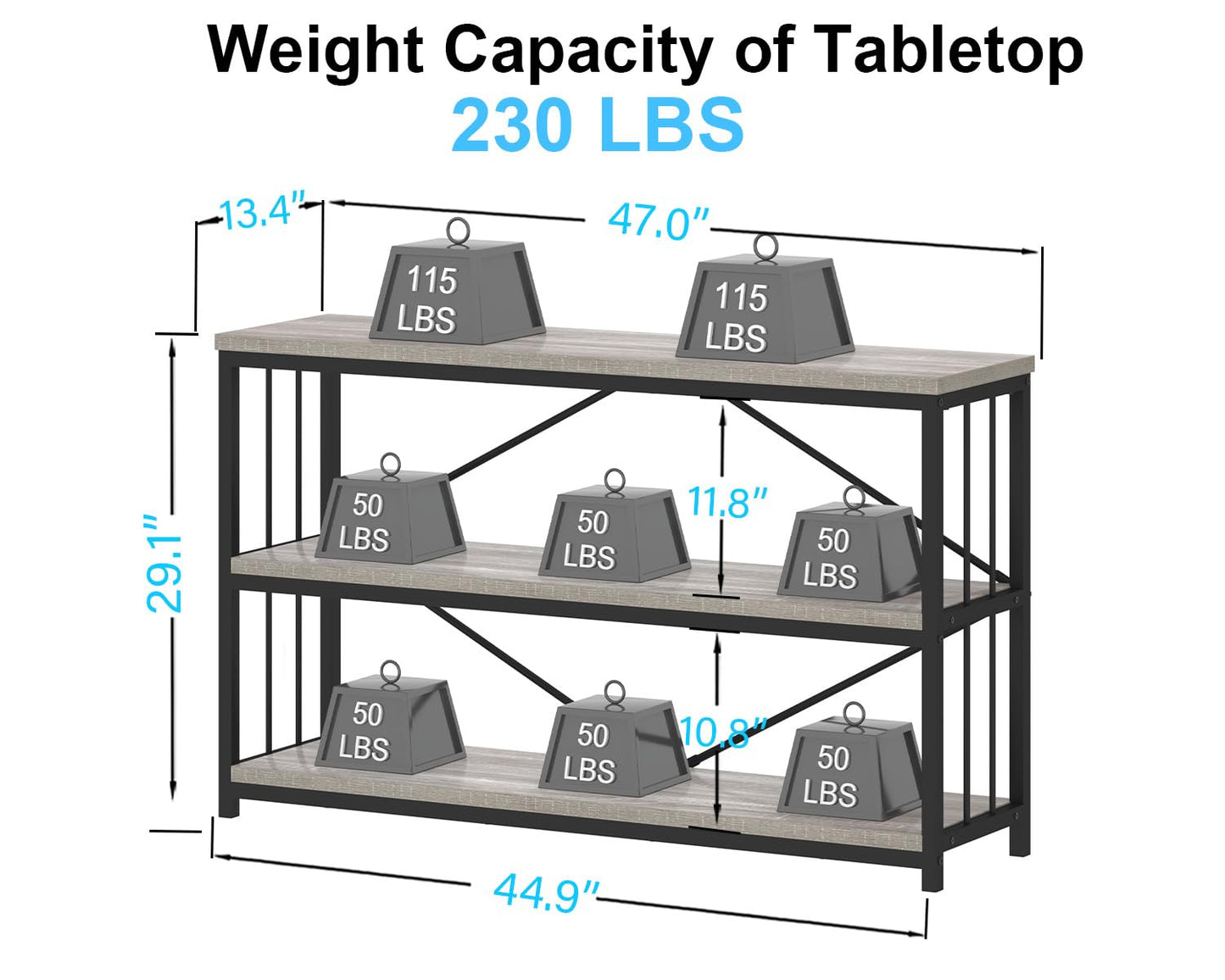 IBF 47" Gray 3 Tier Low Bookcase,Industrial Modern Short Horizontal Etagere Bookshelf