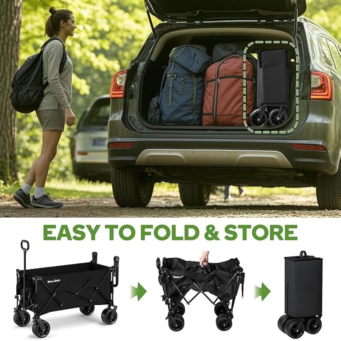 BEAU JARDIN XXL Festival Trolley Beach Cart - 220L 230KG(500LBS) Heavy Duty Folding Wagon All-Terrain Utility Wide Wheels for Camping & Shopping | Push & Pull Handle | Portable Collapsible | Black