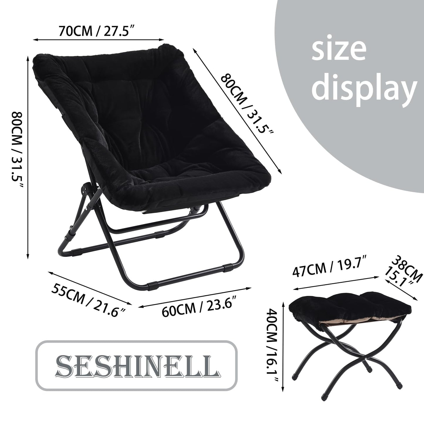 SESHINELL Saucer Chair with Ottoman, Oversized Foldable Faux Fur Lounge Seat with Metal Frame, Cosy Accent Chair for Bedroom, Living Room or Dorm