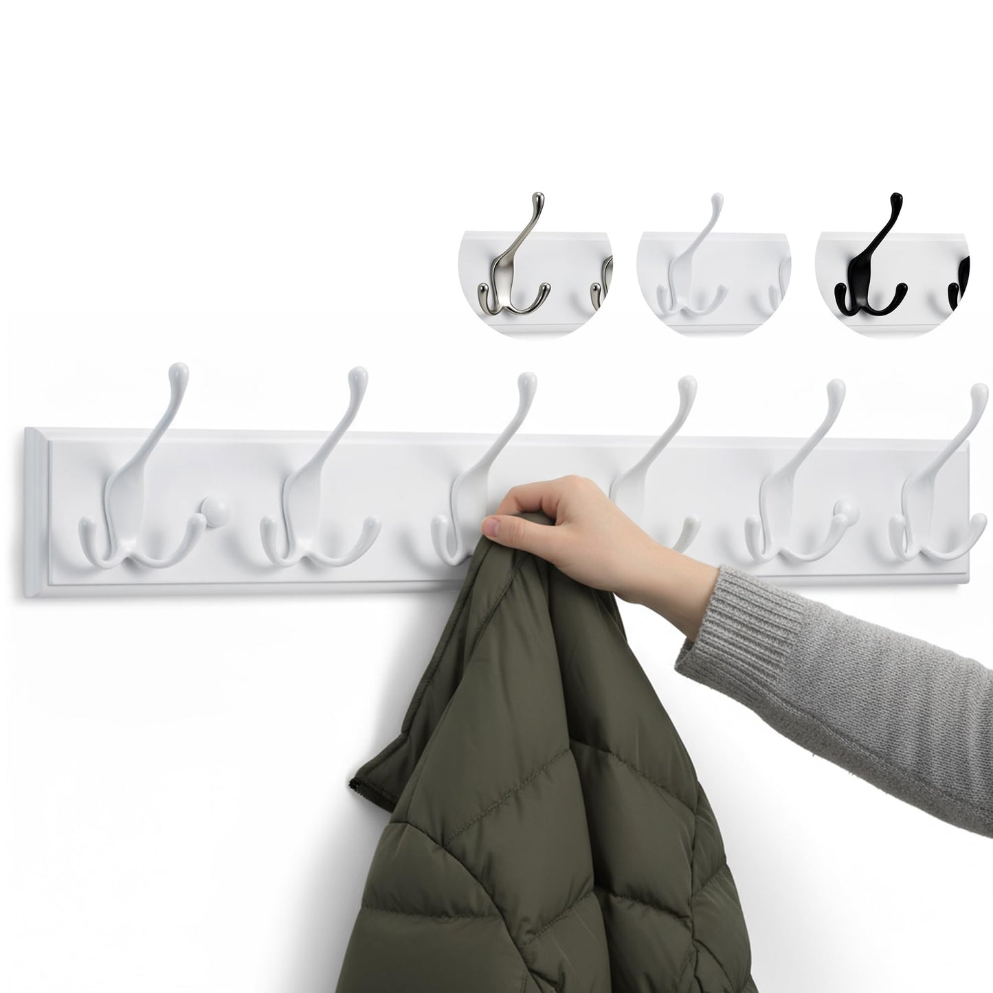 LARHN White Wall-Mounted Coat Rack - 6 White Coat Hooks, 59cm