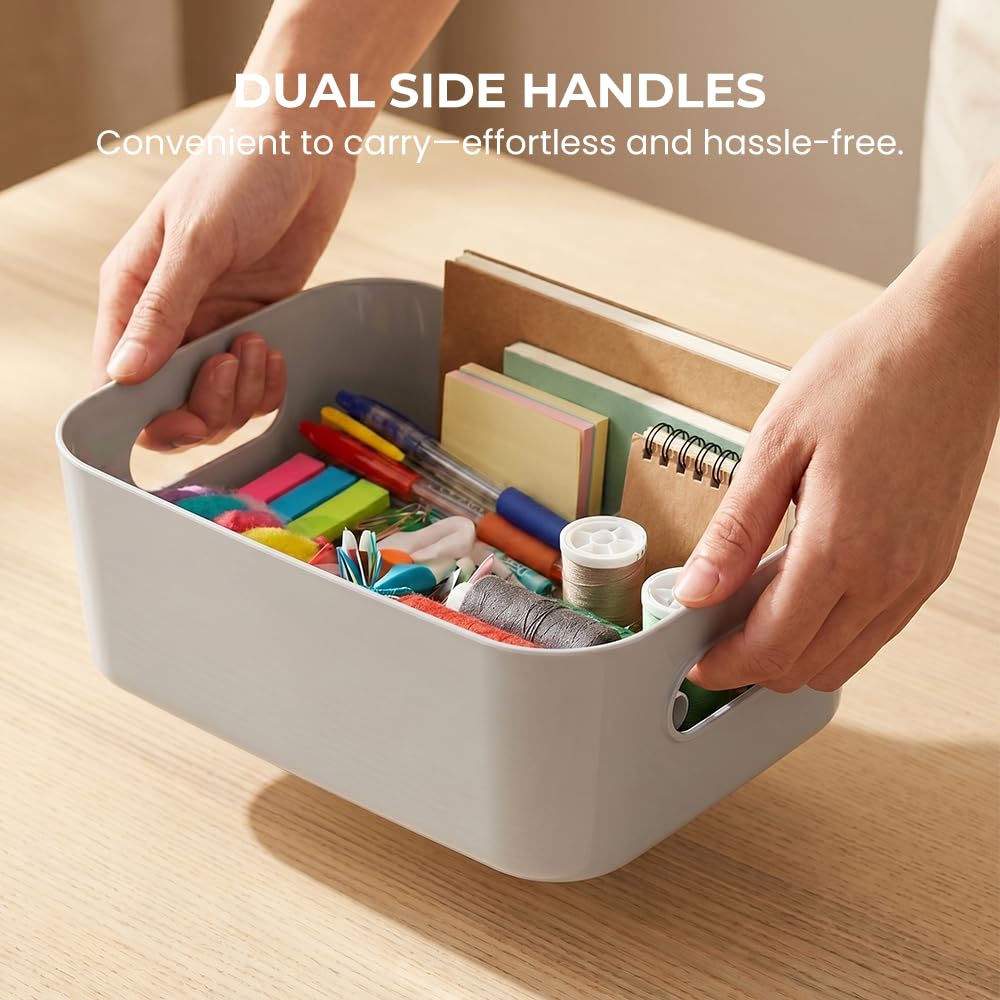 Plastic Storage Boxes,Storage Basket with Handles,21x14x7cm,Grey, Pack of 4