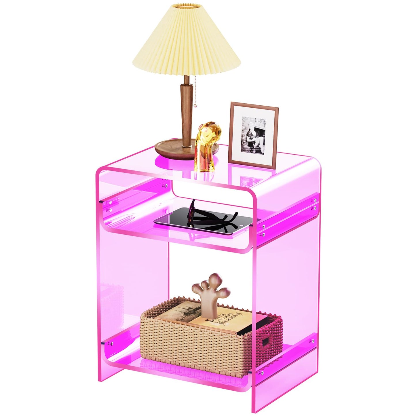 Acrylic End Table with Storage Shelf, Clear Side Table, Record Player Table, Nightstand, 15.7x19.7x11.8 (Pink, 40×30×50 cm)