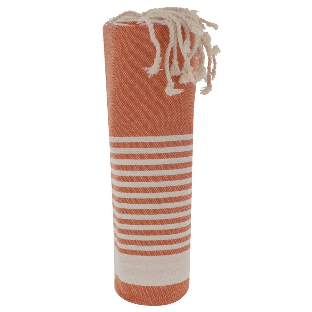 LES POULETTES BIJOUX - Fouta Beach Towel Orange Cotton and White Stripes 100 x 200cm