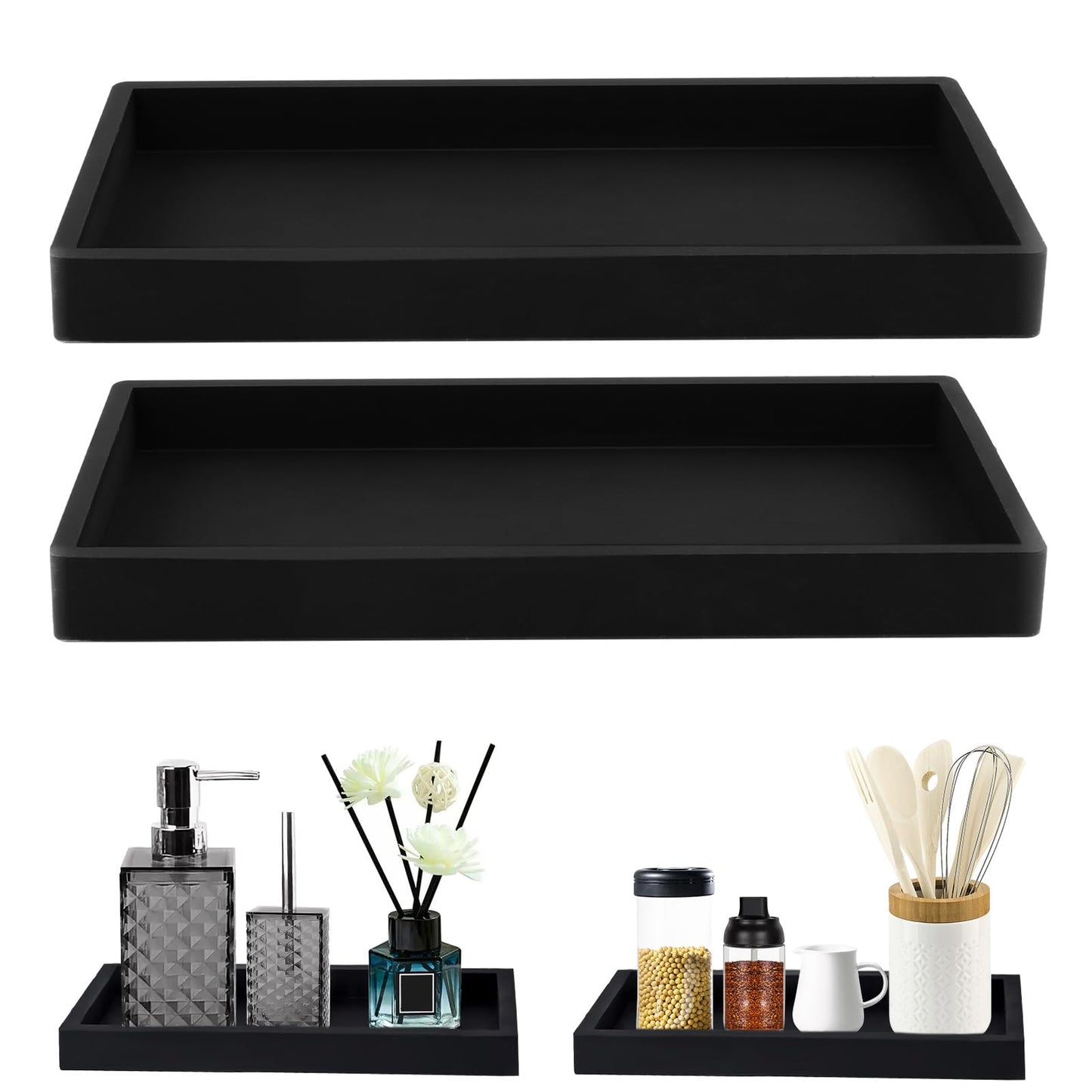 XIATIAN Bathroom Tray, 2 Pcs Bathroom Vanity Tray (Black, 20x10x2 cm)