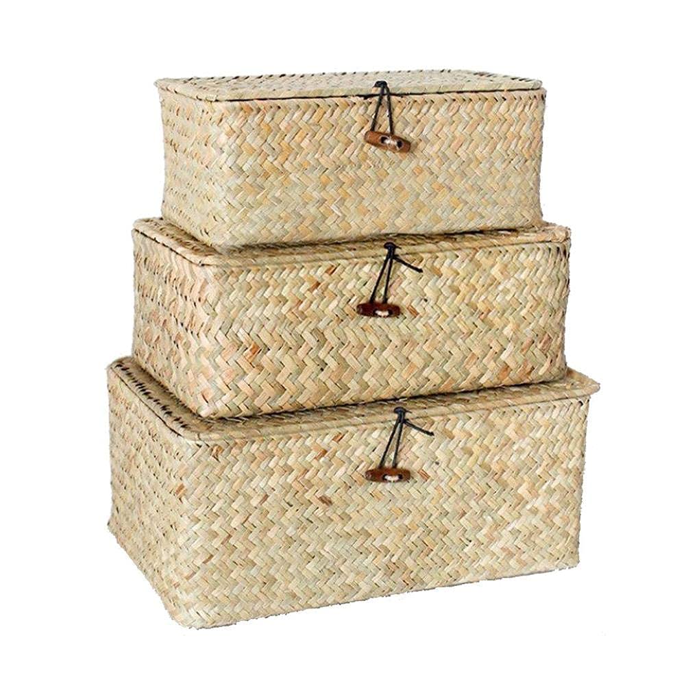 YSGLIFE Set of 3 Rectangular Storage Shelf Basket with Lid Seagrass Rattan Woven Multipurpose Organizer Boxes for Clothes, Makeup
