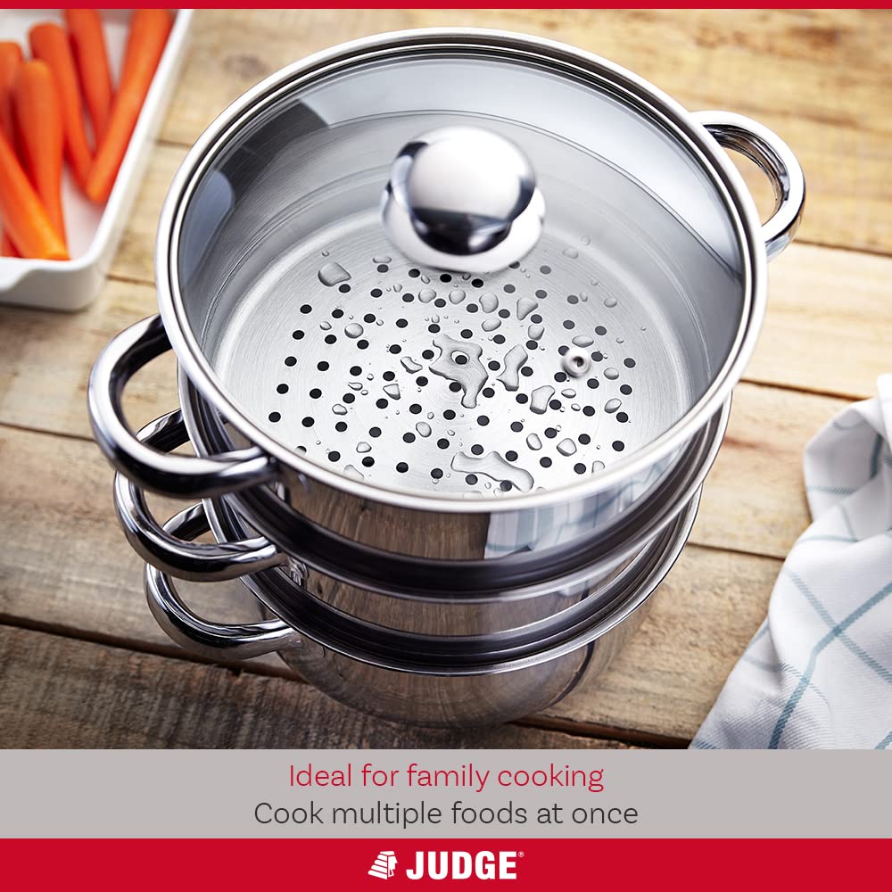 Judge Essential 3-Tier Stainless Steel Steamer - Thermic Based & Vented Glass Lid, Oven-safe Vegetable Steam Cooker with Cool Handles