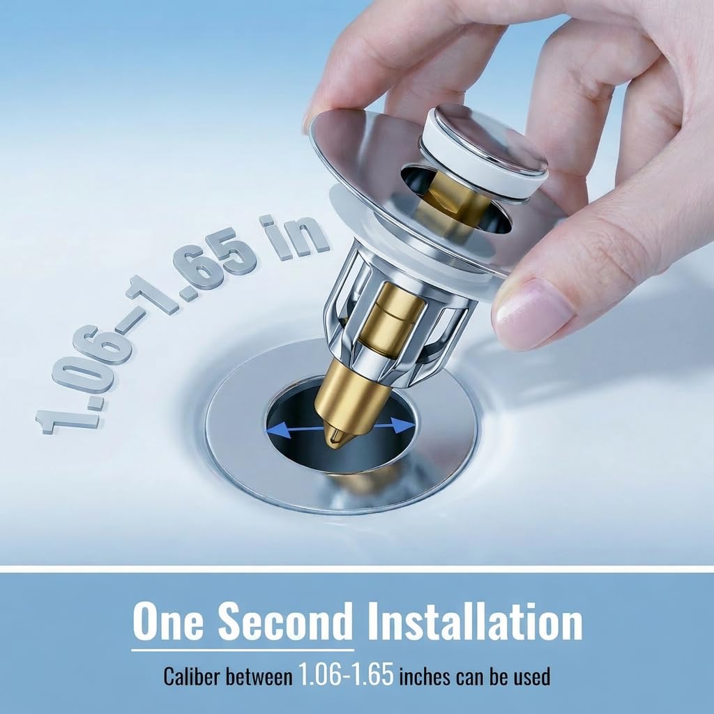 Sink Plug Replacement, Universal Pop Up Basin Plug with Hair Catcher Strainer, Brass Push Click Bathroom Drain Stopper for 27‑42mm Sink Hole