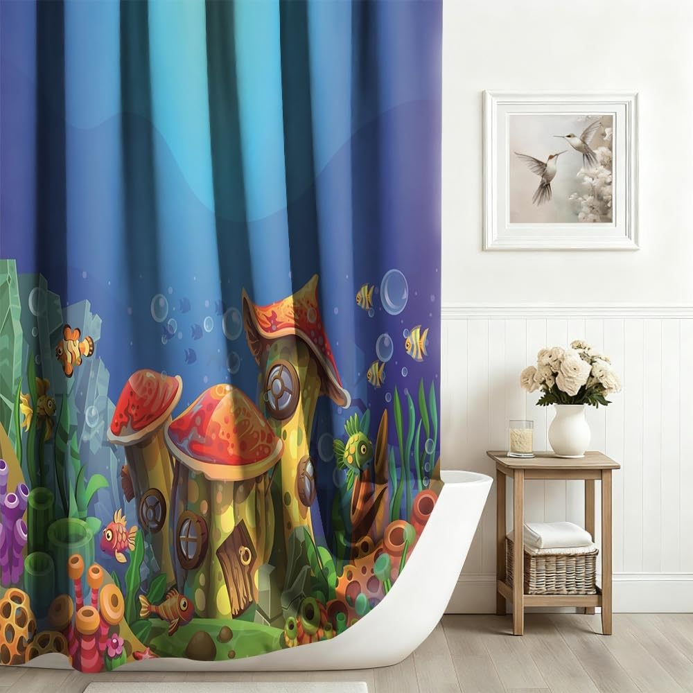 Xiaoterna Summer Fairy Tale Underwater World Shower Curtain Blue Ocean Mushroom House Nautical Waterproof Bathroom Curtain Fishes Floral Coral