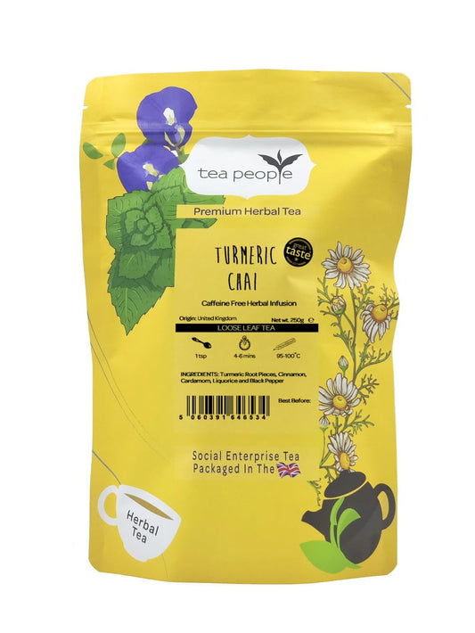 Tea People ? 250g Turmeric Chai (70 cups) ? Caffeine Free Herbal Tea - 100% Natural Ingredients: Turmeric Root, Cinnamon, Cardamom, Liquorice, Black