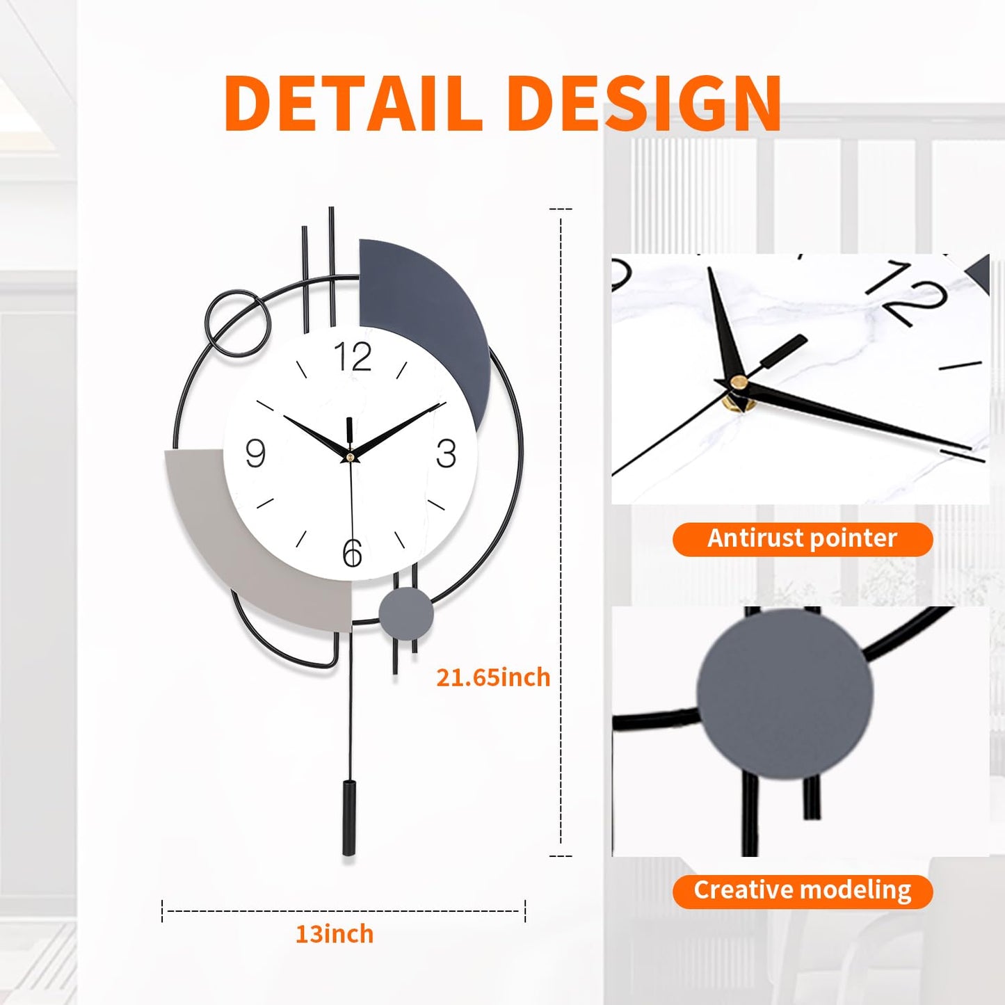 SIN&MI Wall Clock,Decorative Wall Clocks with Pendulum,Silent Quality Quartz Clock Battery Operated,Large Wall Clock for Living