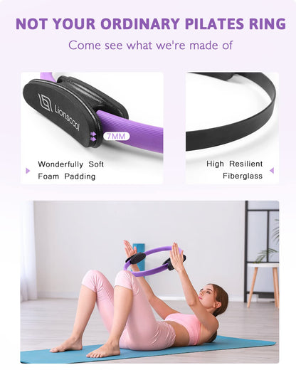 LIONSCOOL Pilates Ring Set - Premium14Magic Circle with Dual Padded Handles - Includes Pilates Mini Ball & Highly Elastic Resistance Bands & Workout