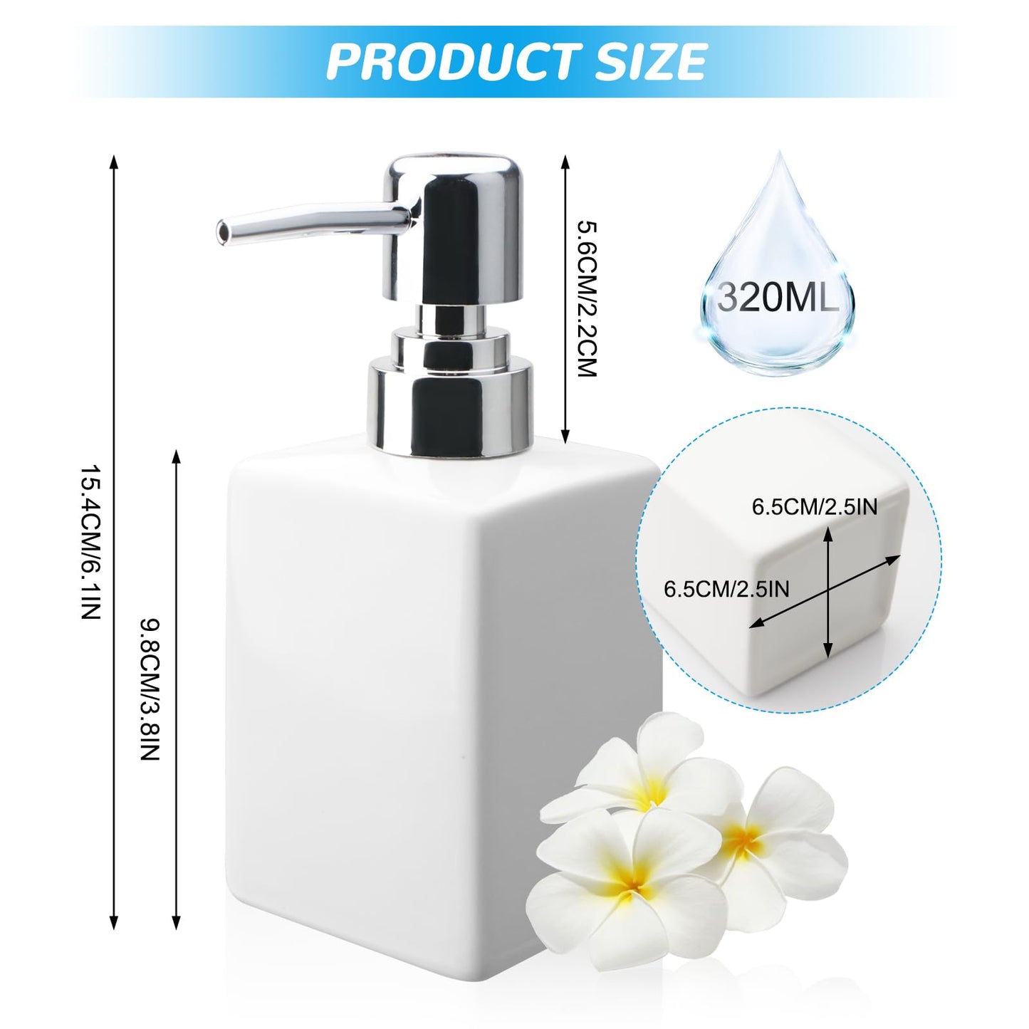 White Square Ceramic Soap Dispenser 320ml, Refillable Liquid Bottle with Anti‑Rust Long Spout Pump, Non‑Slip Base for Bathroom Vanity