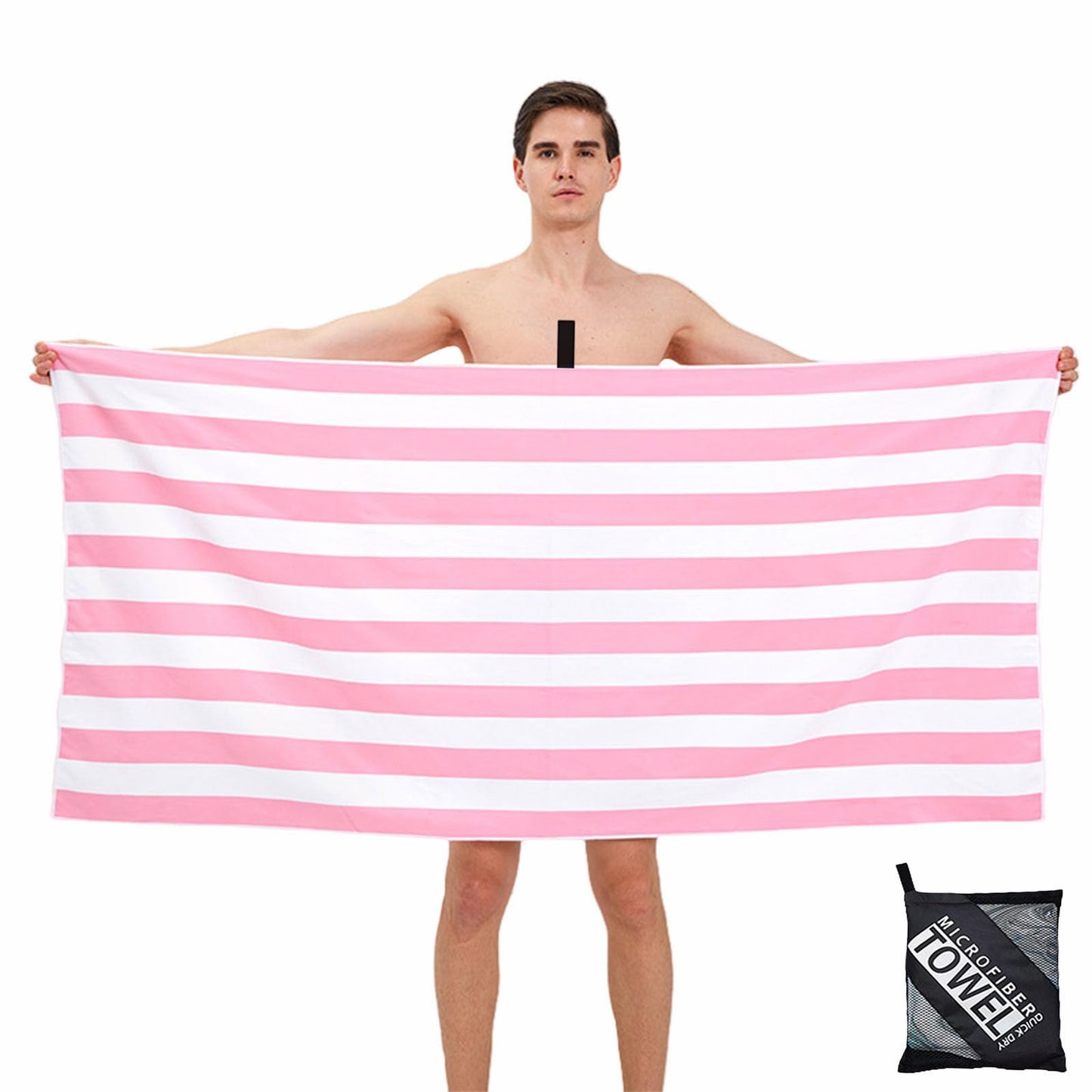 Large Microfibre Beach Towel for Adult,160x90cm Double Sides Pink Striped Sand Free Beach Towel,Lightweight Quick Dry Travel Swim Towel with