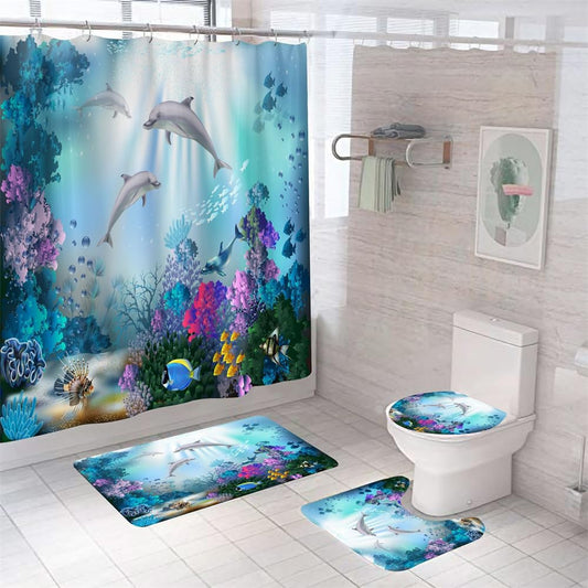 4pcs Dolphin and Ocean Life Shower Curtain Set, Polyester Bath Curtain, Blue Ocean Undersea World Colorful Fish Coral Seabed Waterproof Curtain,