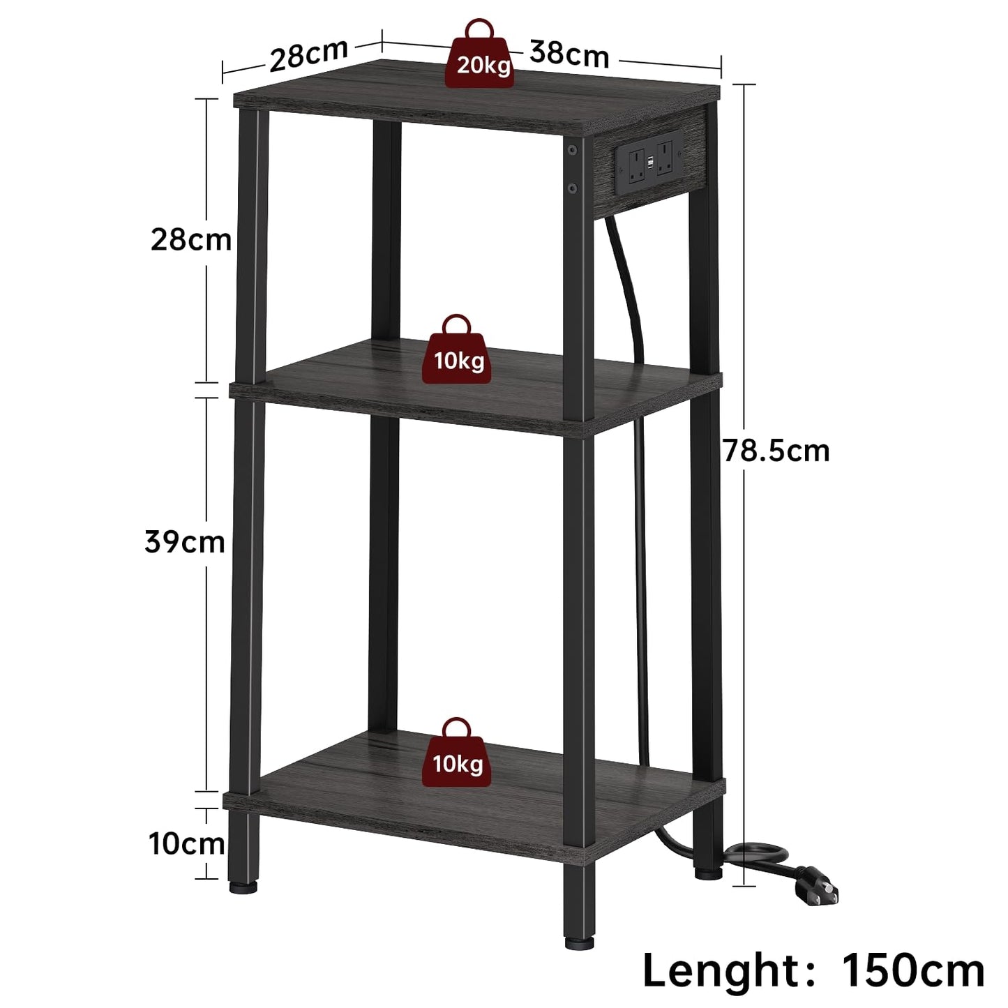 Asgolion Side Table with Charging Station, 3 Tier Tall Slim Side Table with USB Ports and Outlets, Narrow Tall Nightstand with Storage for Bedroom