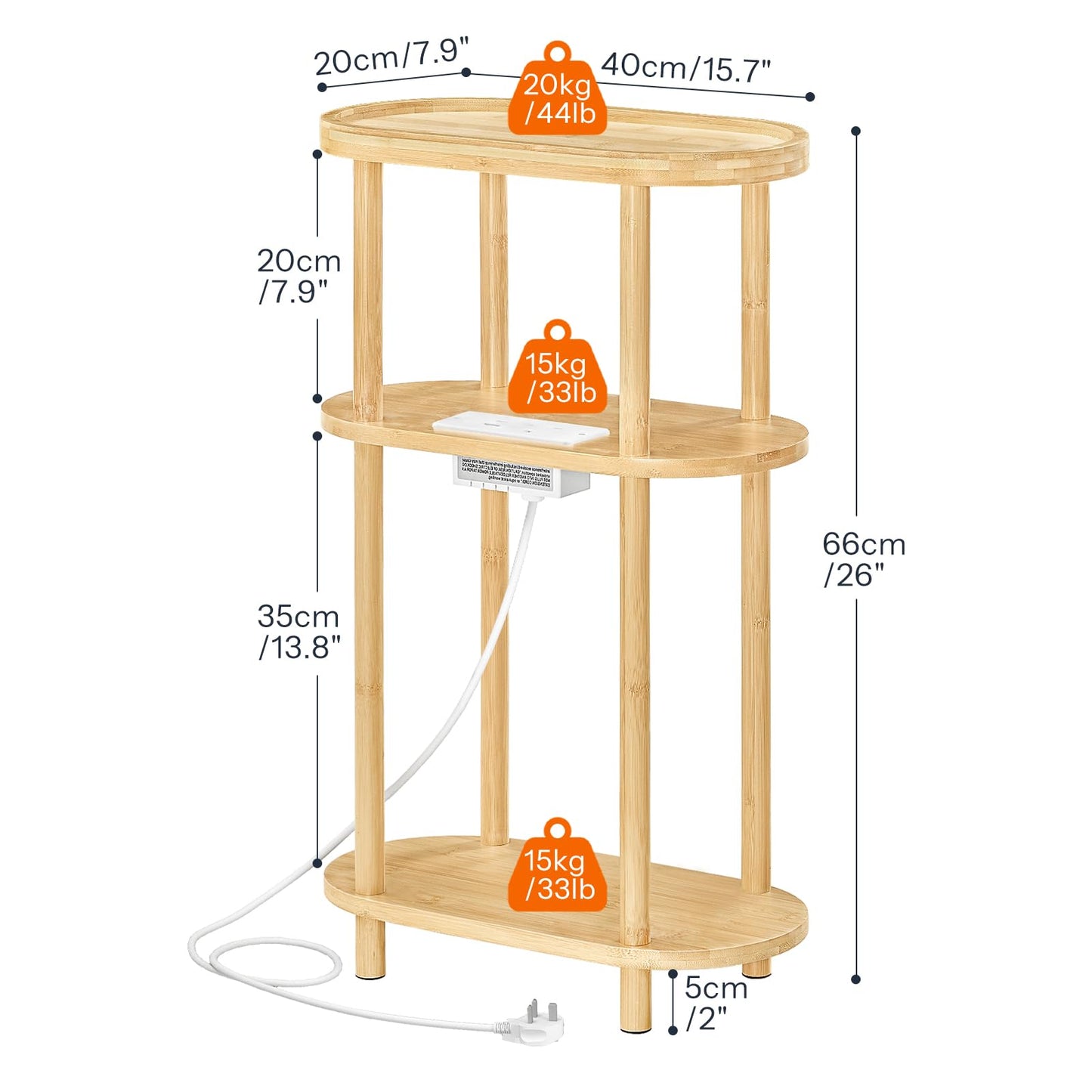 HOOBRO Narrow Side Table with Charging Station, 3 Tier Bamboo Slim End Table, 40 x 20 x 66 cm Narrow Bedside Table, Sofa Side Table, for Living Room