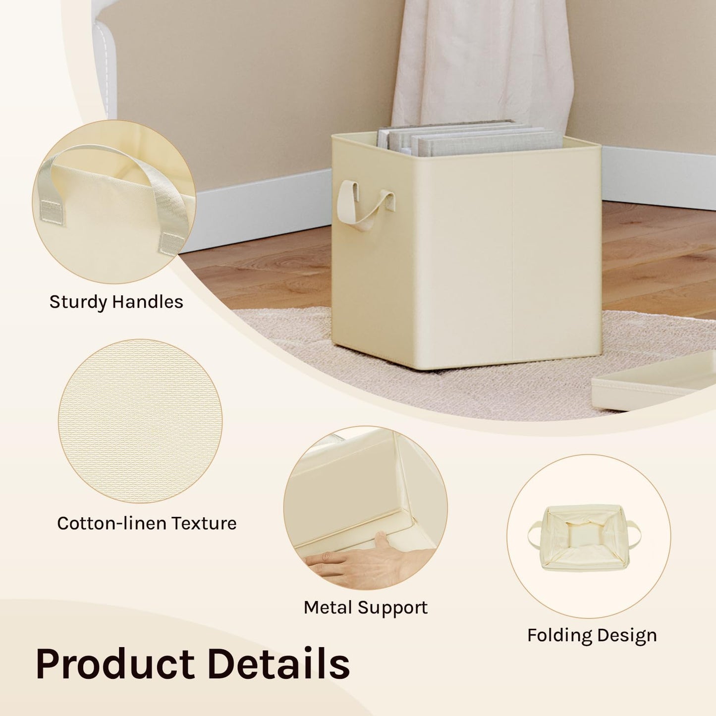 WOLTU Fabric Storage Boxes Set of 5, Folding Baskets with Lids, Handles, Metal Frame, Wardrobe Toy Organisers for Living Room, Bedroom, Office, Cream