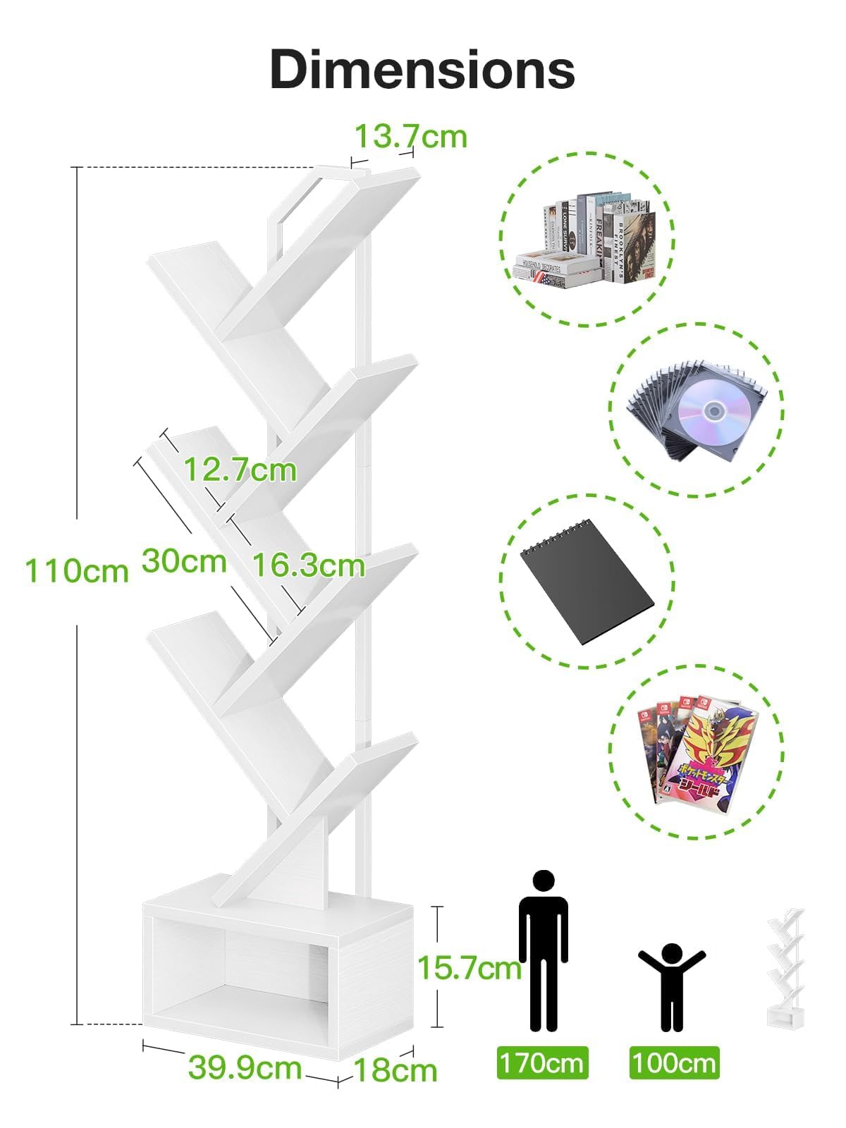 Coleshome 6-Tier Tree Bookcase, Wooden Bookshelf, 110.5cm, White