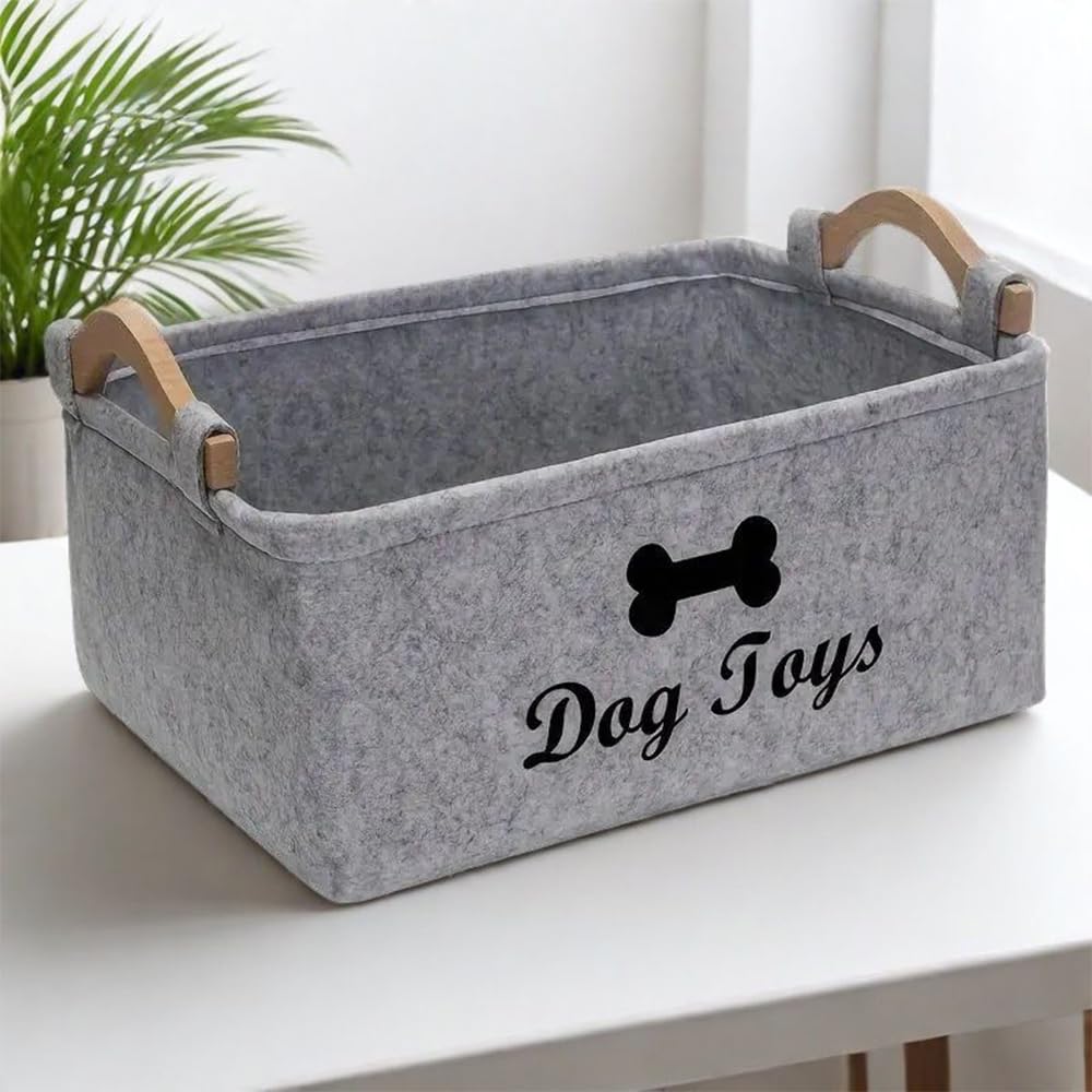 HUATEEN Personalised Dog Toy Storage Box,Large Grey Felt Toy Basket for Dogs Puppy Toy Organiser Pet Toy Storage Bin with Handles 38x25x18cm