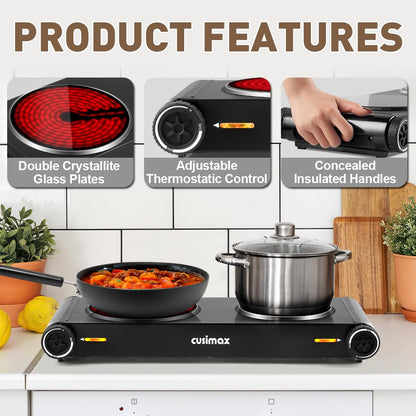 CUSIMAX Double Hobs with Concealed Handle, 2400W Electric Hob, Hot Plate for Cooking Portable Infrared Cooktop, Camping Hob, Dual Temperature