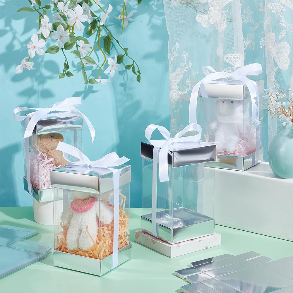 BENECREAT 10Pcs Clear Plastic Gift Box with Silver Paper Lid, Rectangle Gift Packaging Boxes with Polyester Ribbon for Birthdays