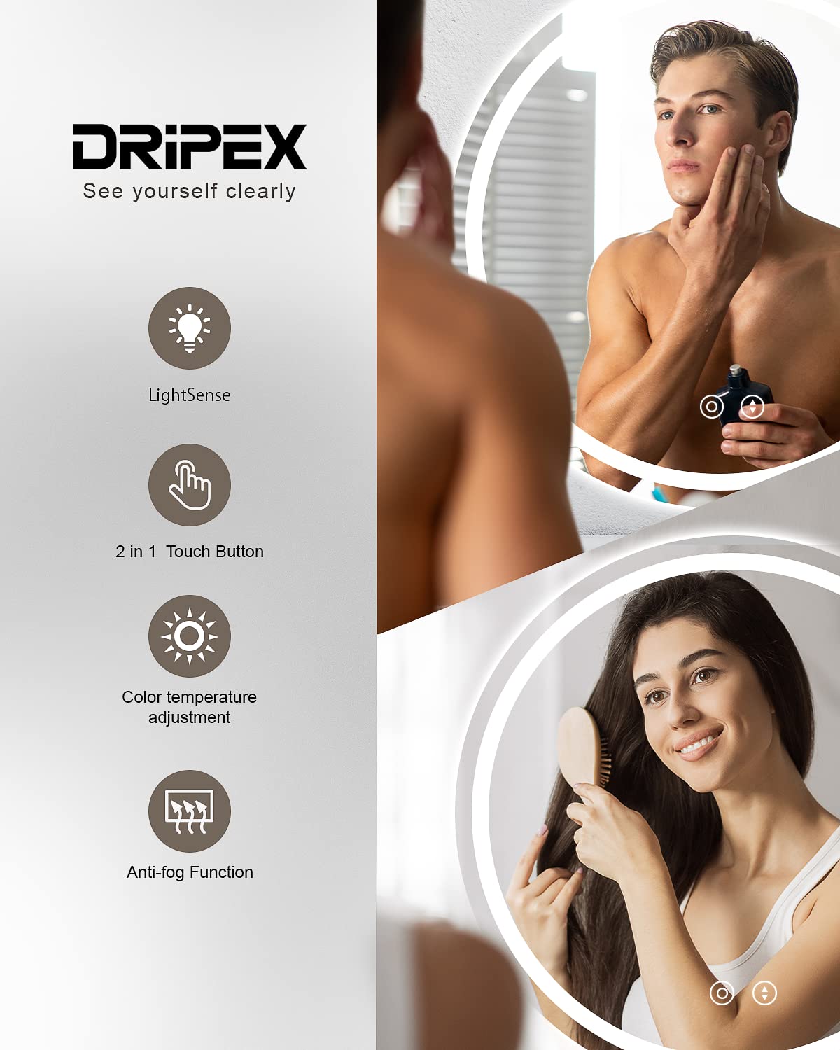 Dripex 500mm Round Bathroom Mirror with LED Light, Illuminated Circle Wall Mounted Vanity Makeup Mirror with Demister, Anti-fog, 3-Color Dimmable LED