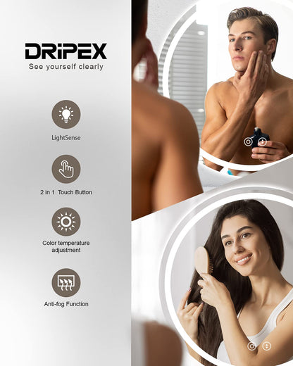 Dripex 500mm Round Bathroom Mirror with LED Light, Illuminated Circle Wall Mounted Vanity Makeup Mirror with Demister, Anti-fog, 3-Color Dimmable LED