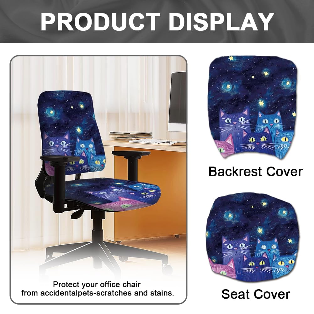 Hobbspring Polyester Office Chair Cover Set 2pcs Galaxy Cat Print Chair Covers Cat with Star Stretchable Chair Covers for Universal Desk Rotating