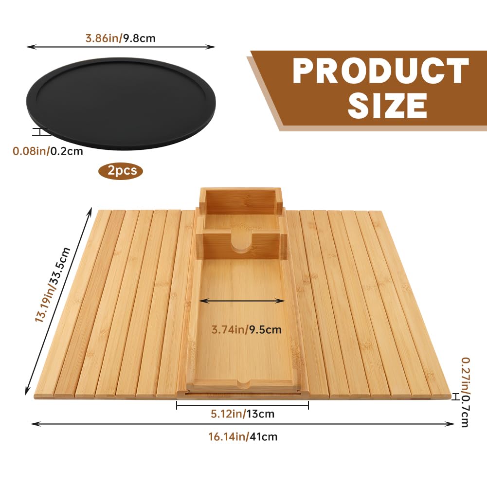 Tharvolex Bamboo Sofa Armrest Tray, 2-in-1 Detachable Couch Cup Holder & Armrest Table with Anti-Slip Pad, Foldable Bamboo Tray for Drinks, Snacks