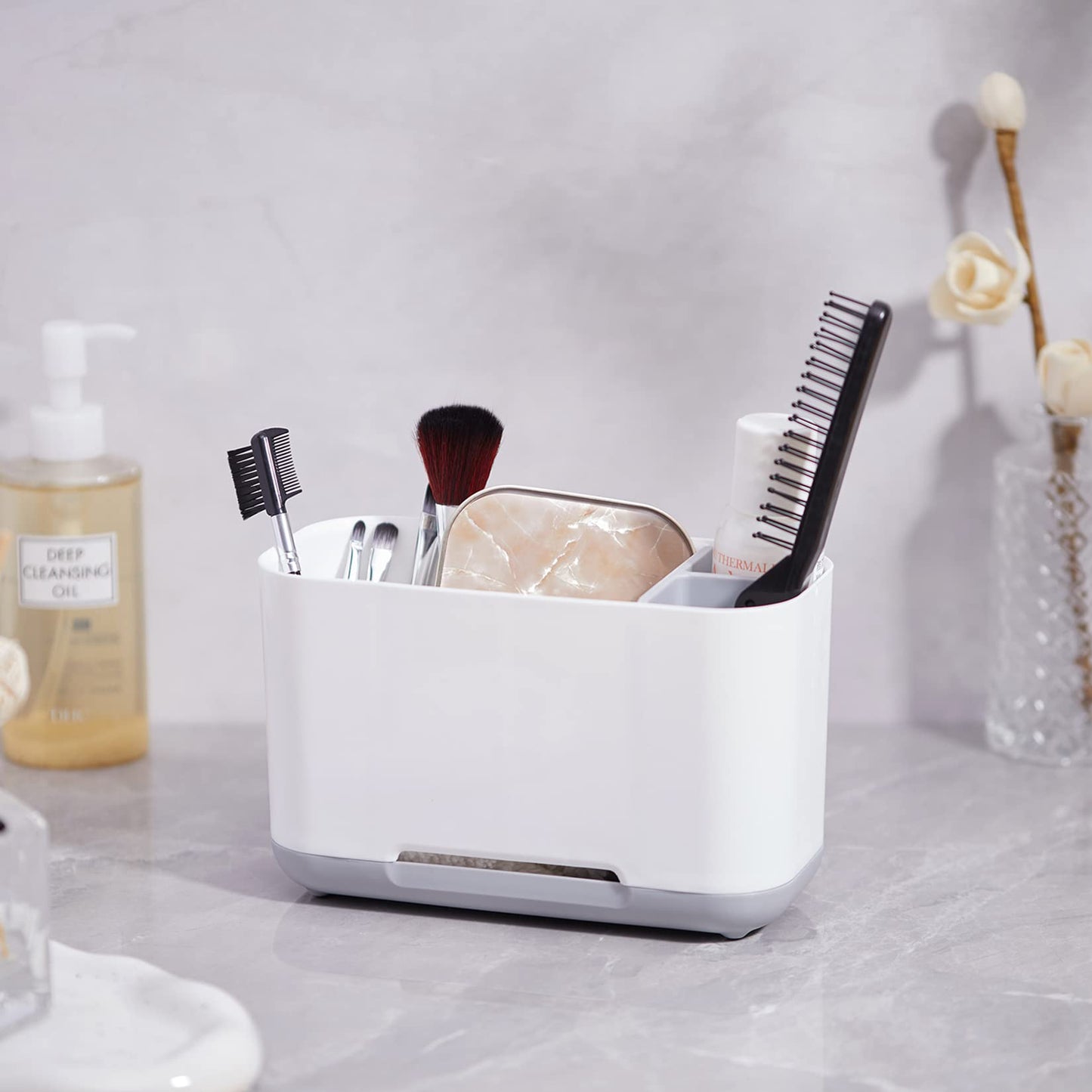 Toothbrush Holder & Organizer, Electric Toothbrush Stand with Tumbler, Non-Slip Base, Drainage Hole, for Bathroom Sink Worktop