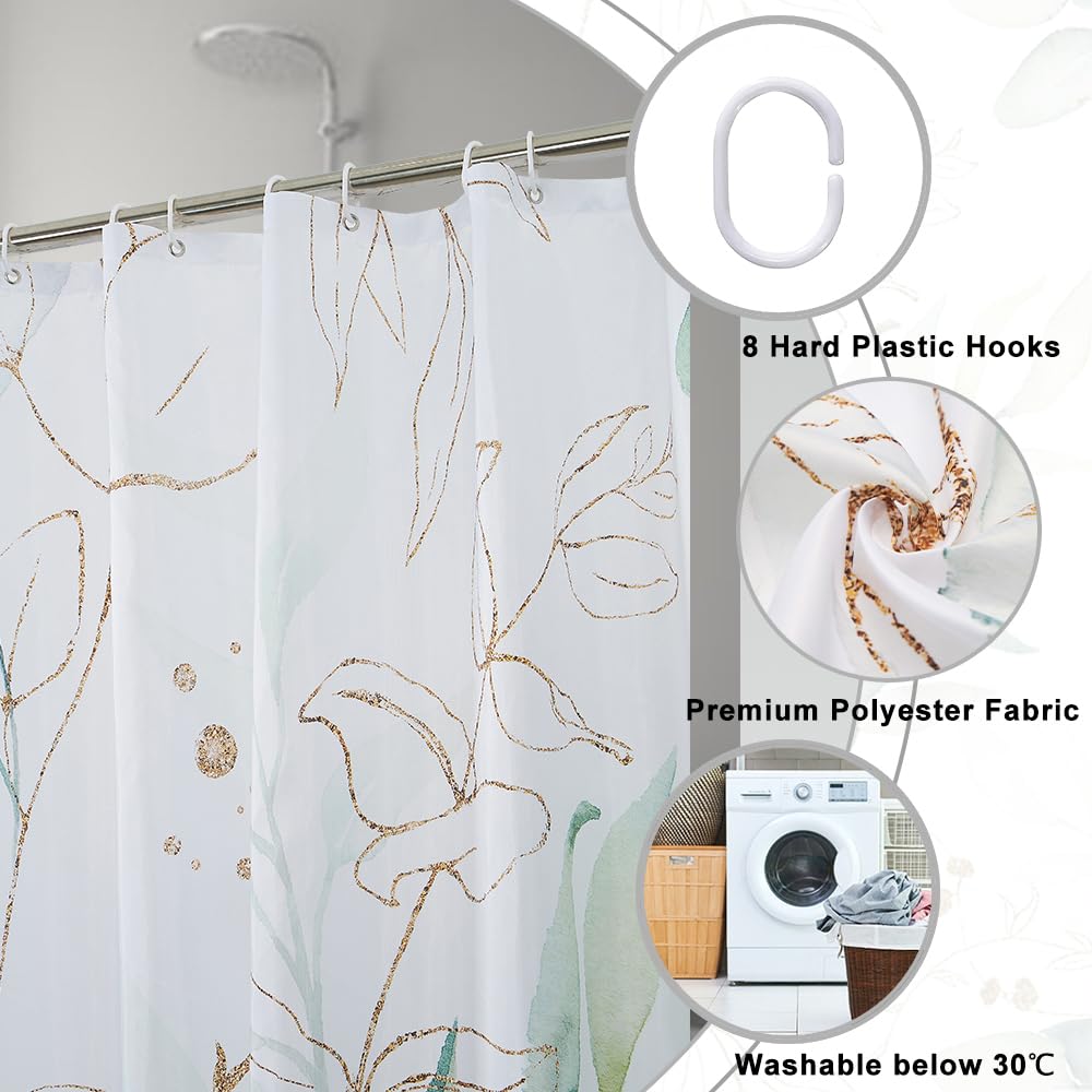 Uiiooazy Eucalyptus Shower Curtain, Sage Green Gold Leaves Pattern Bath Curtain Mildew and Mould Resistant Waterproof Polyester Fabric Washable