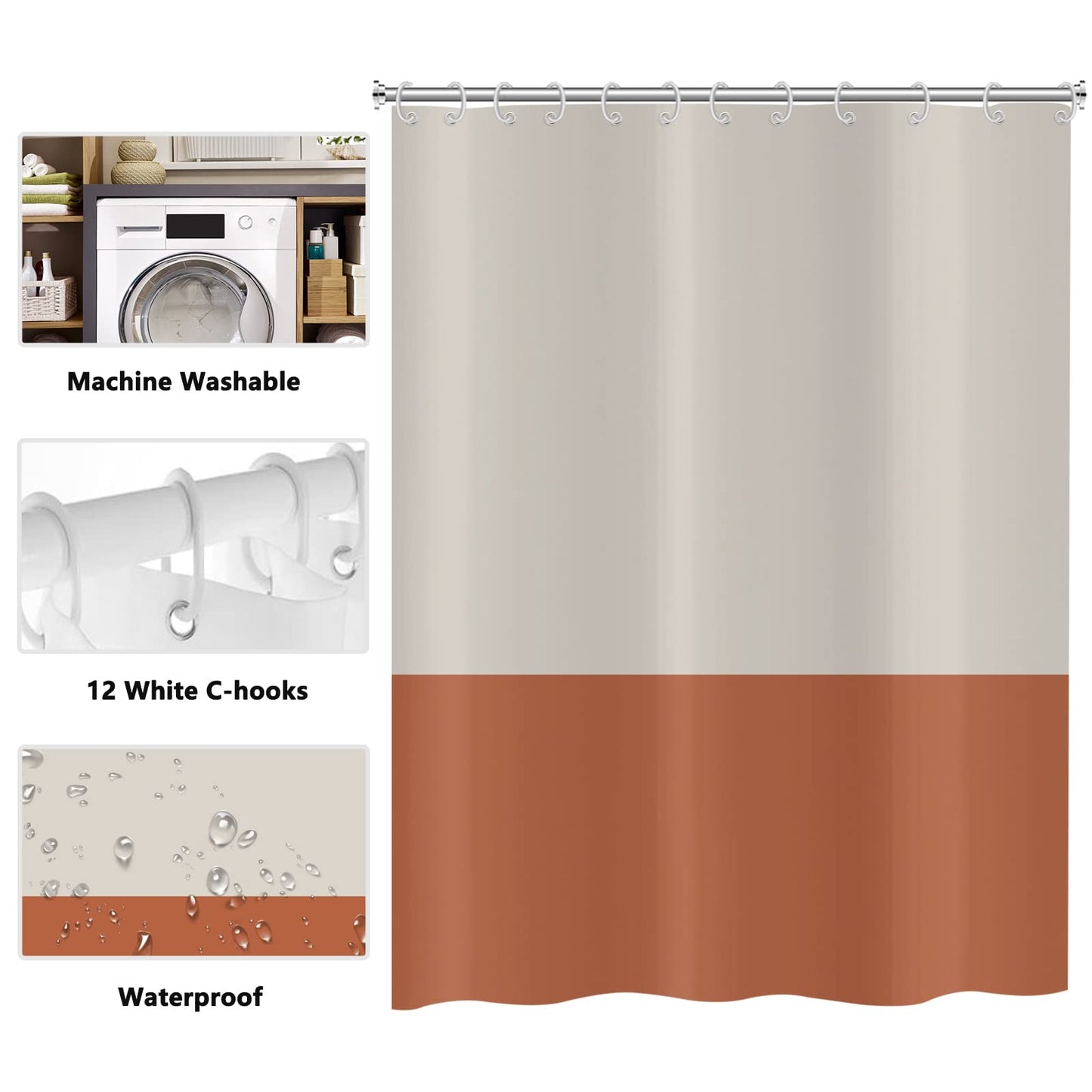 ASDCXZ Shower Curtain Orange 180x200 cm, Modern Beige Orange Splicing Motif Waterproof Textile Bath Shower Curtains Washable Polyester Fabric Shower