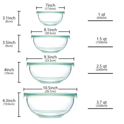 WhiteRhino Glass Mixing Bowl Set, Large Salad Bowl with Lids Kitchen Nesting Bowls for Baking Cooking,Prep, BPA Free Plastic Lids,Food Grade
