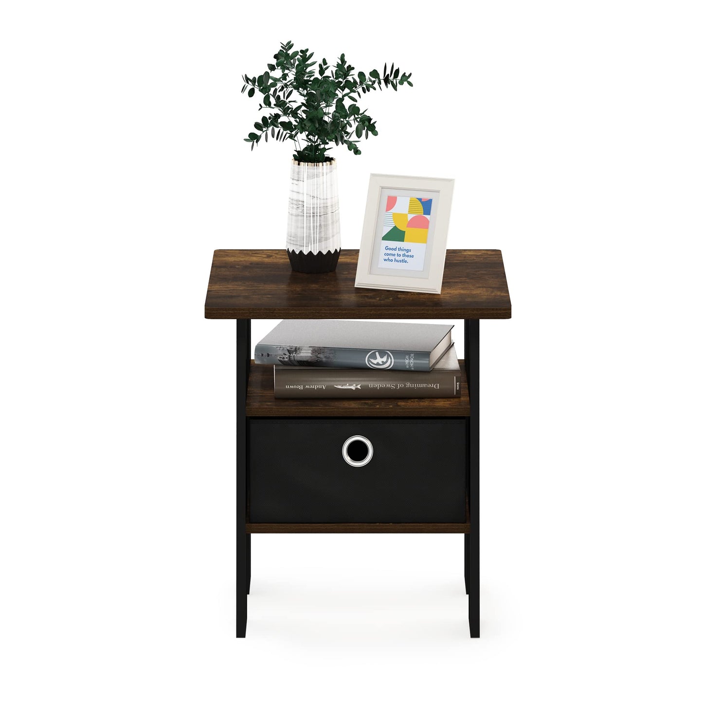 Furinno ANDREY Side Table, End Table, Night Stand with Open Shelves and Storage Bin, Bedside Table, for Living Room, Bedroom, Amber Pine