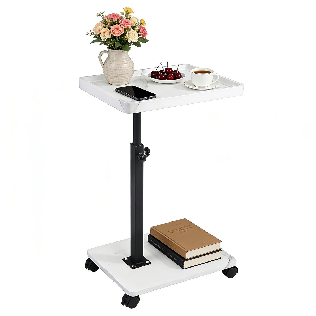 YYW Adjustable C Shaped Side Table with Wheels, 360° Swivel Sofa Table