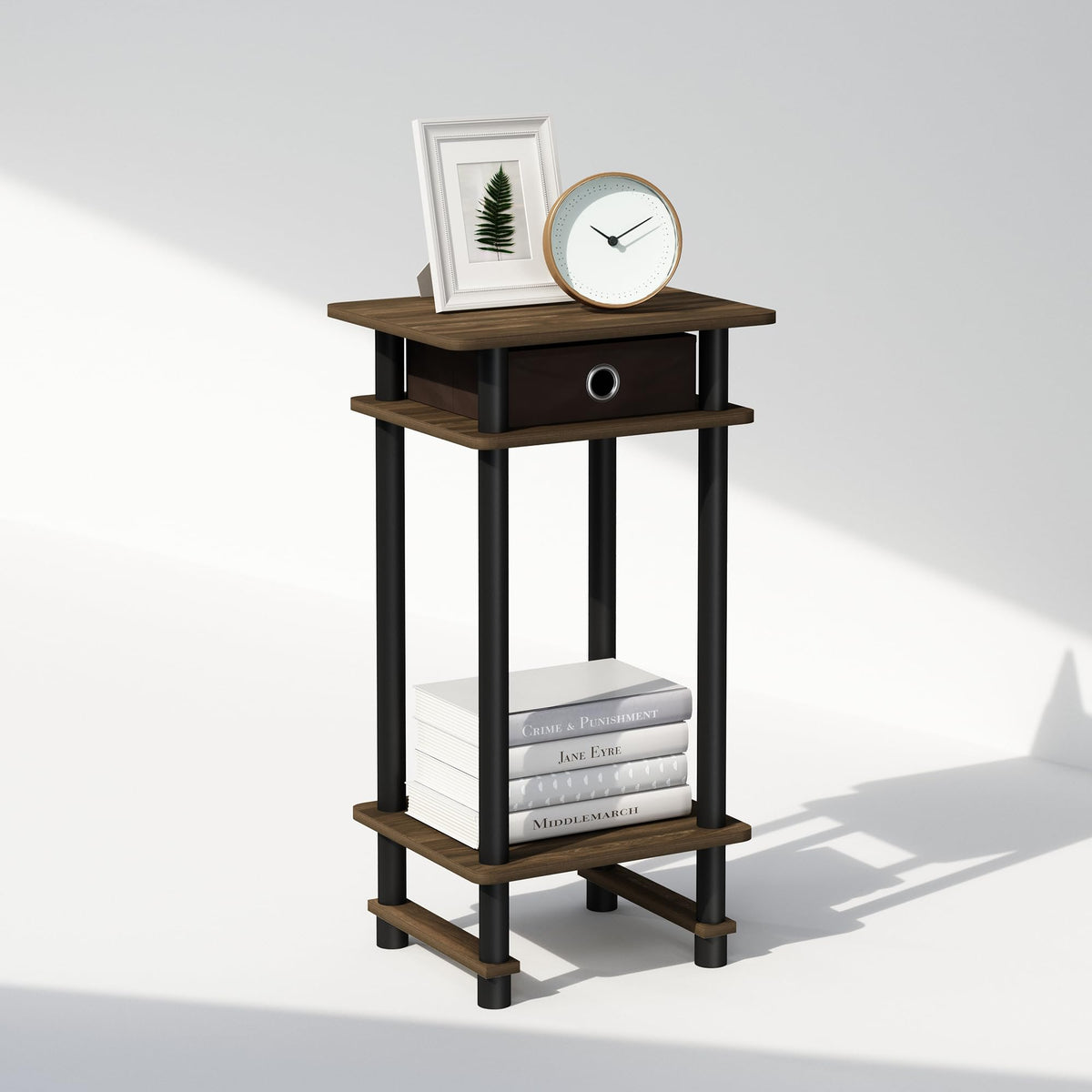 Furinno TURN-N-TUBE Night Stand, 3-Tier Open Shelf Design Nightstand with Storage Bin, Tall Narrow Bedside Table, End Table, Side Table