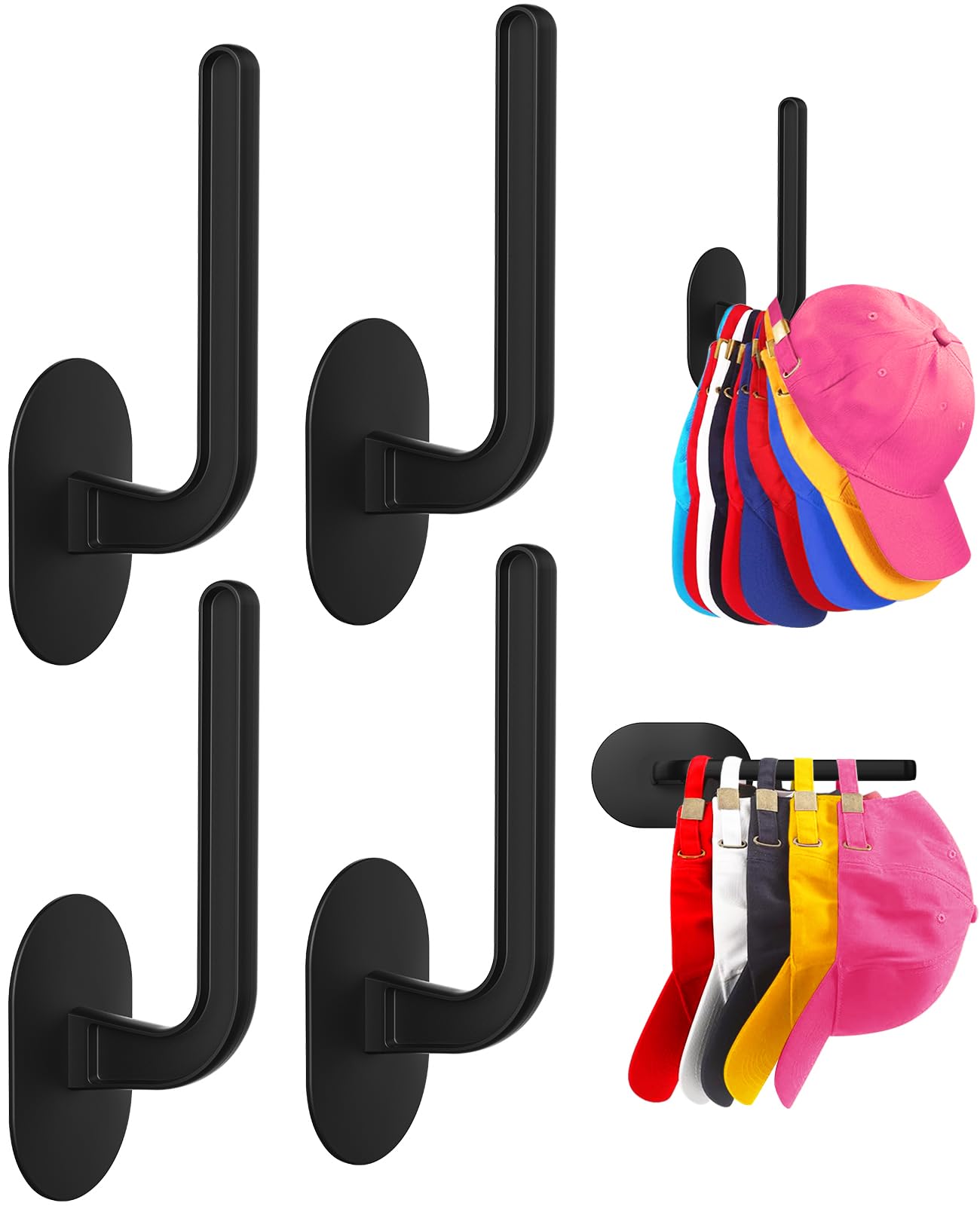 Eiito Hat Hooks for Caps Storage-4Pack,Multi-Purpose Hat Organizer,Strong Adhesive Hat Racks for Wall