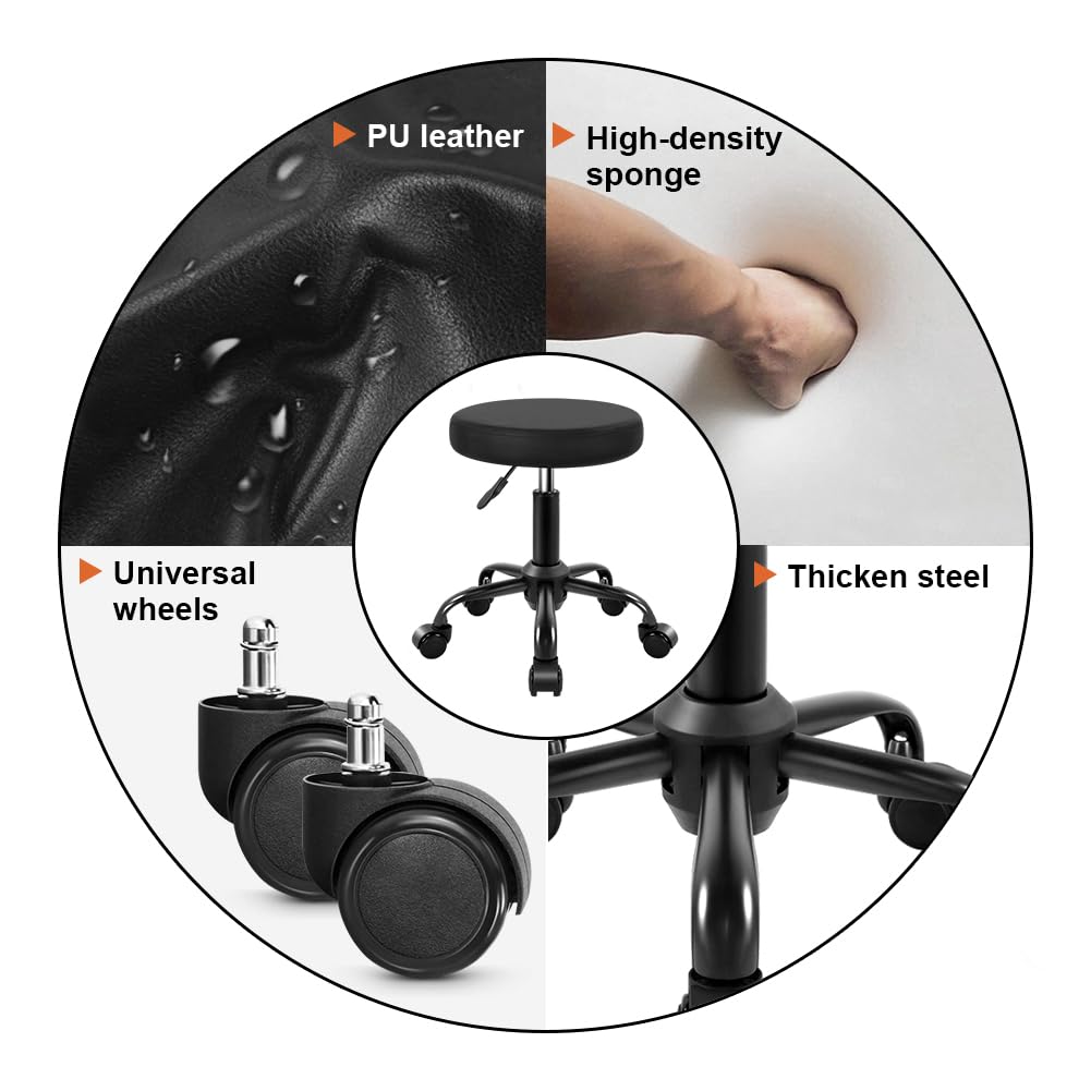 KKTONER Round Rolling Stool Height Adjustable Stool PU Leather Chair with Wheels Salon Spa Drafting stools Small (Black)