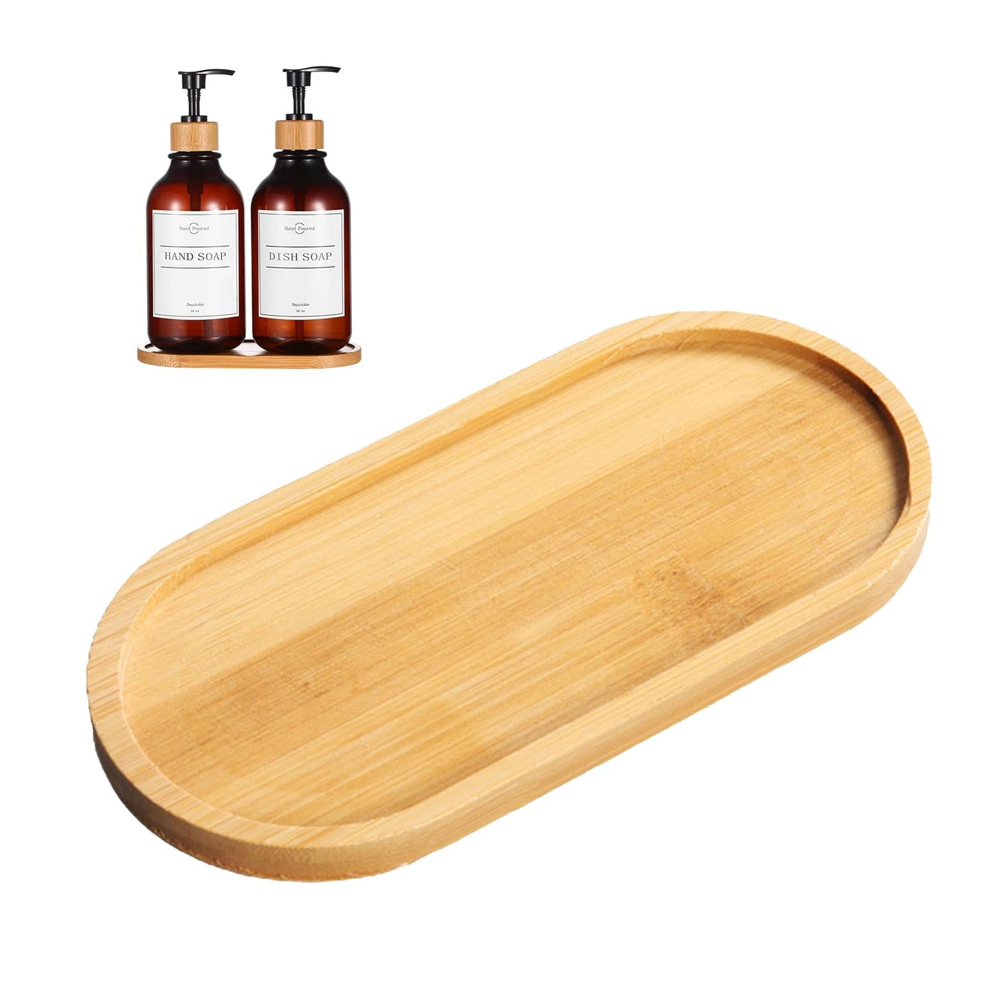 Bamboo Soap Dispenser Tray, Oval Wooden Dish & Dispenser Tray Kitchen Holders Dresser Jewelry Ring Dish, Sink Ring Dish, Dispenser for Shampoo, Soap