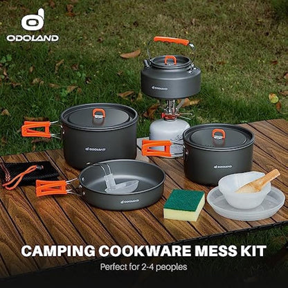 Odoland Camping Cookware Set Non-Stick Lightweight Camping Kettle Pots and Pans Mess Kit with Bowls Soup Spoon for Backpacking, Outdoor Cooking and Picnic for 4-6 People