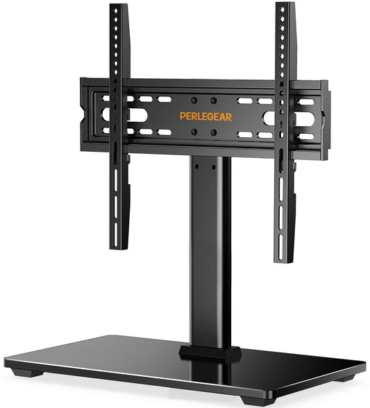 Perlegear Universal TV Stand for 32-60 Inch LCD/LED TVs, Table Top Swivel Tv Stands Holds 40 KG, Max VESA 400x400mm, with Tempered Glass Base & Wire