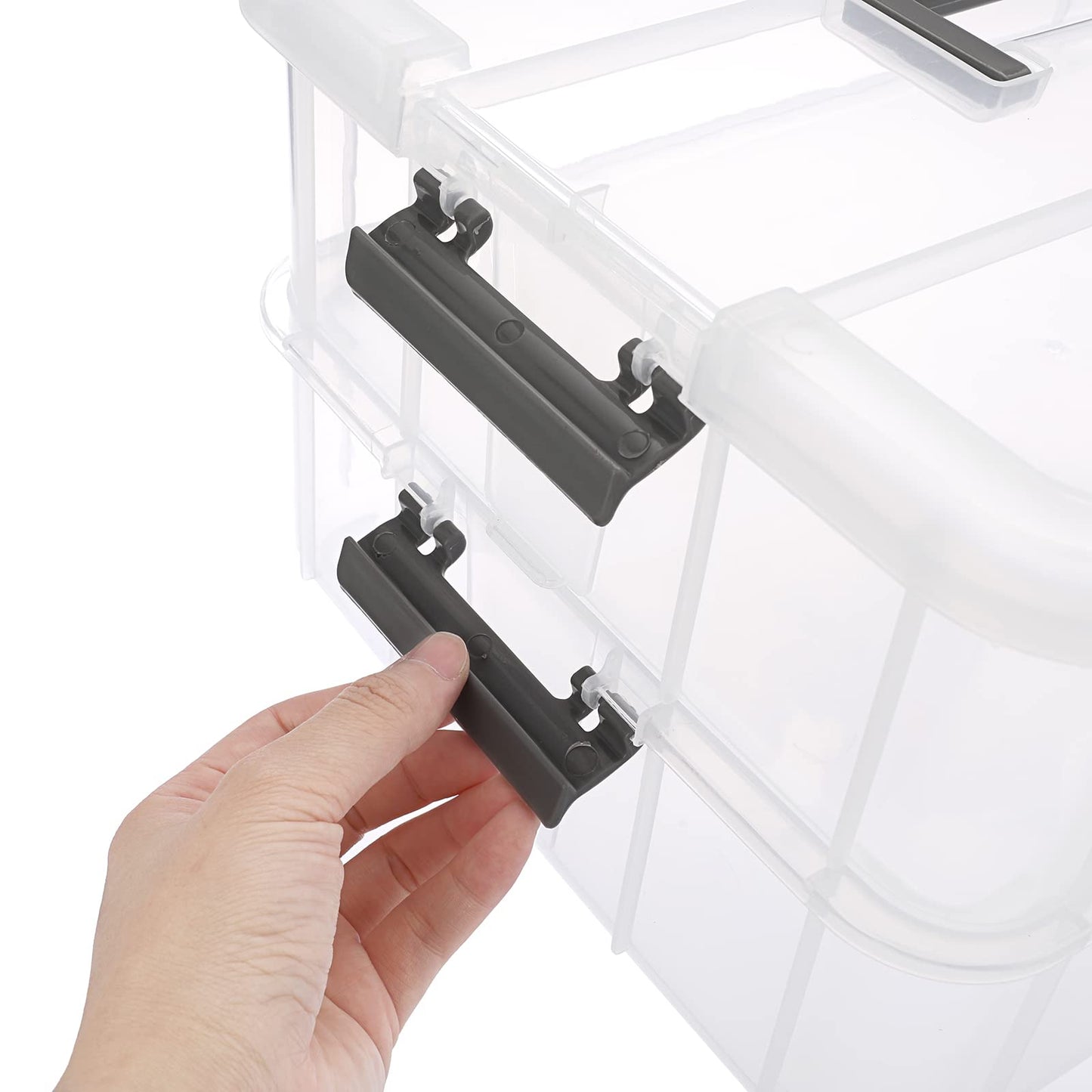 IGNPION 2-Tier Stackable Craft Storage Box Plastic Adjustable Storage Containers with Carry Handle Transparent Containers Organiser for Art & Craft