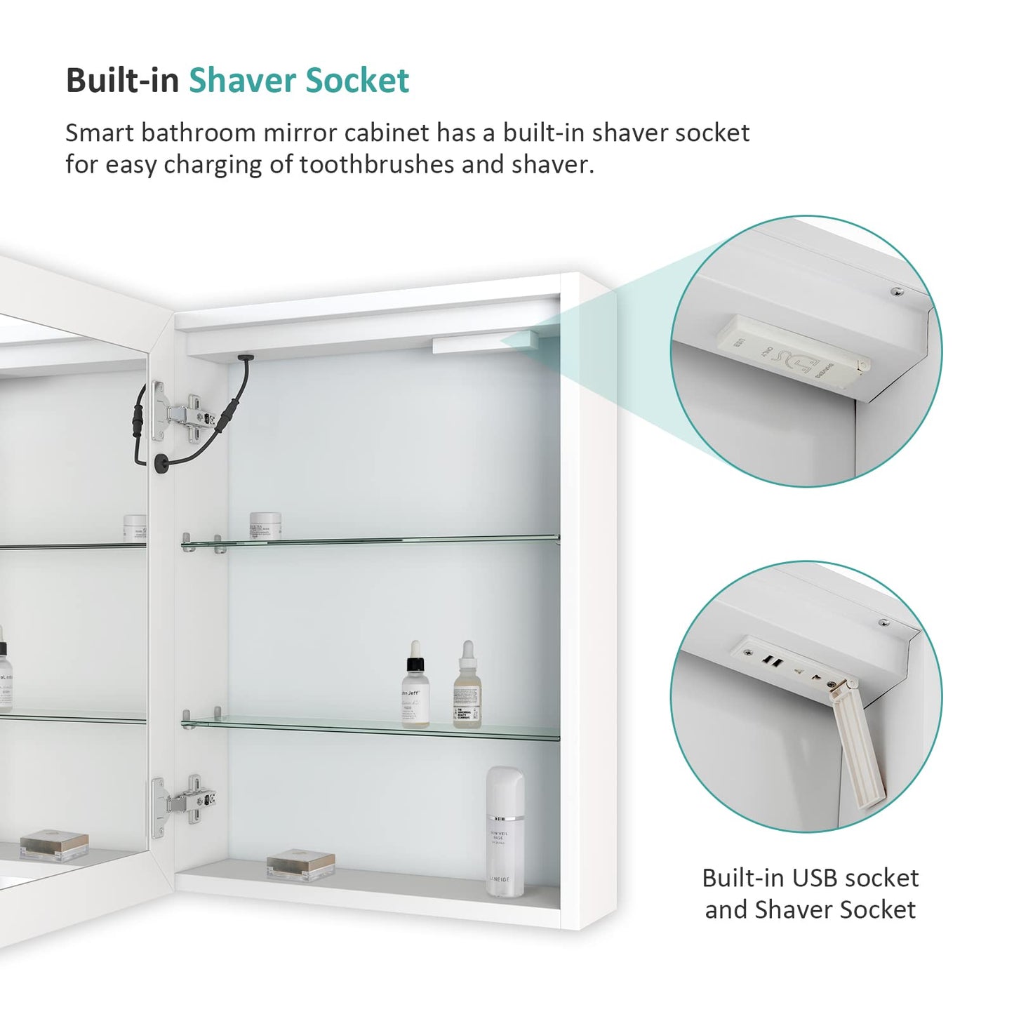 EMKE Led Bathroom Mirror Cabinet, Bathroom Wall Mirror Cabinet with Led Lights with Shaver Socket, Illuminated Mirror Cabinet with Dimmable