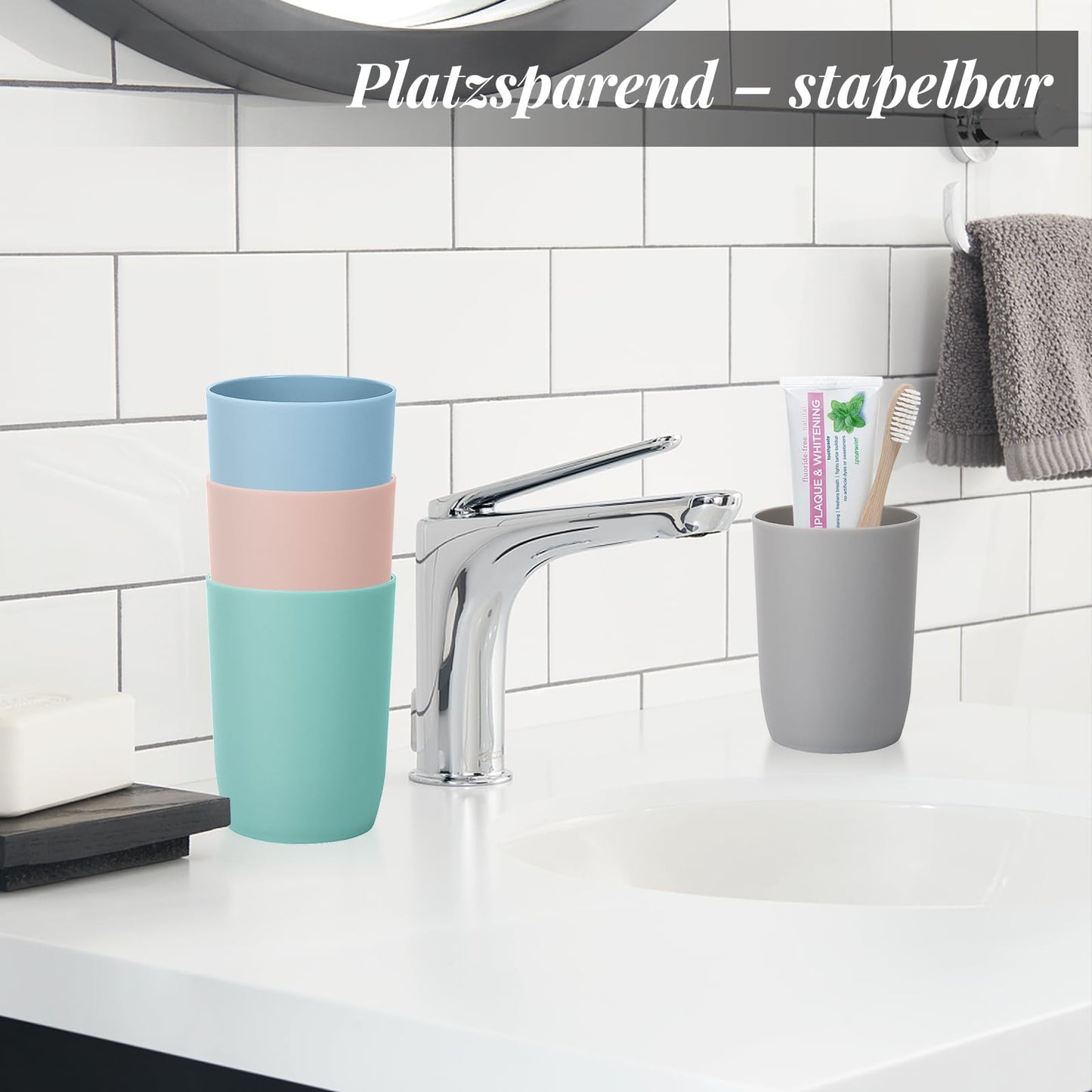 AstraLoom 280ml × 4 Toothbrush Cups Set, Stackable Portable Plastic Drinking Cup, Mouthwash Cup, Suitable for Bathroom/Kitchen/Picnic/Travel