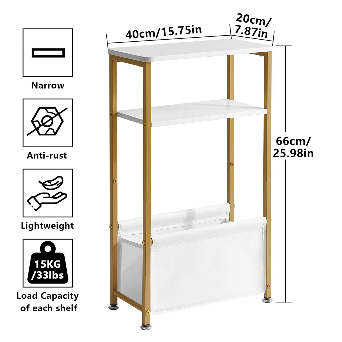 Aibiju Narrow Side Table, Slim Side Table with Storage Fabric Basket, Bedside Table for Small Space, 40x20x66cm, Small Nightstand for Living Room