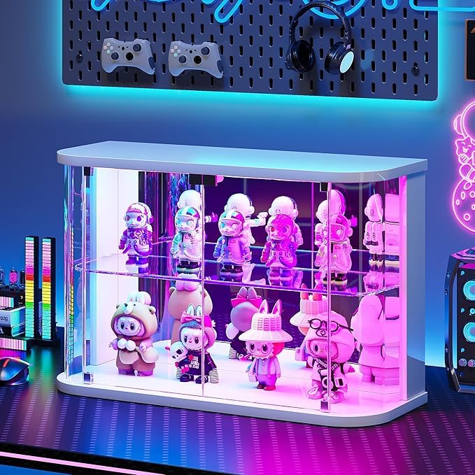 Gurexl Desktop Glass Display Cabinets with Led for Minifigure,White