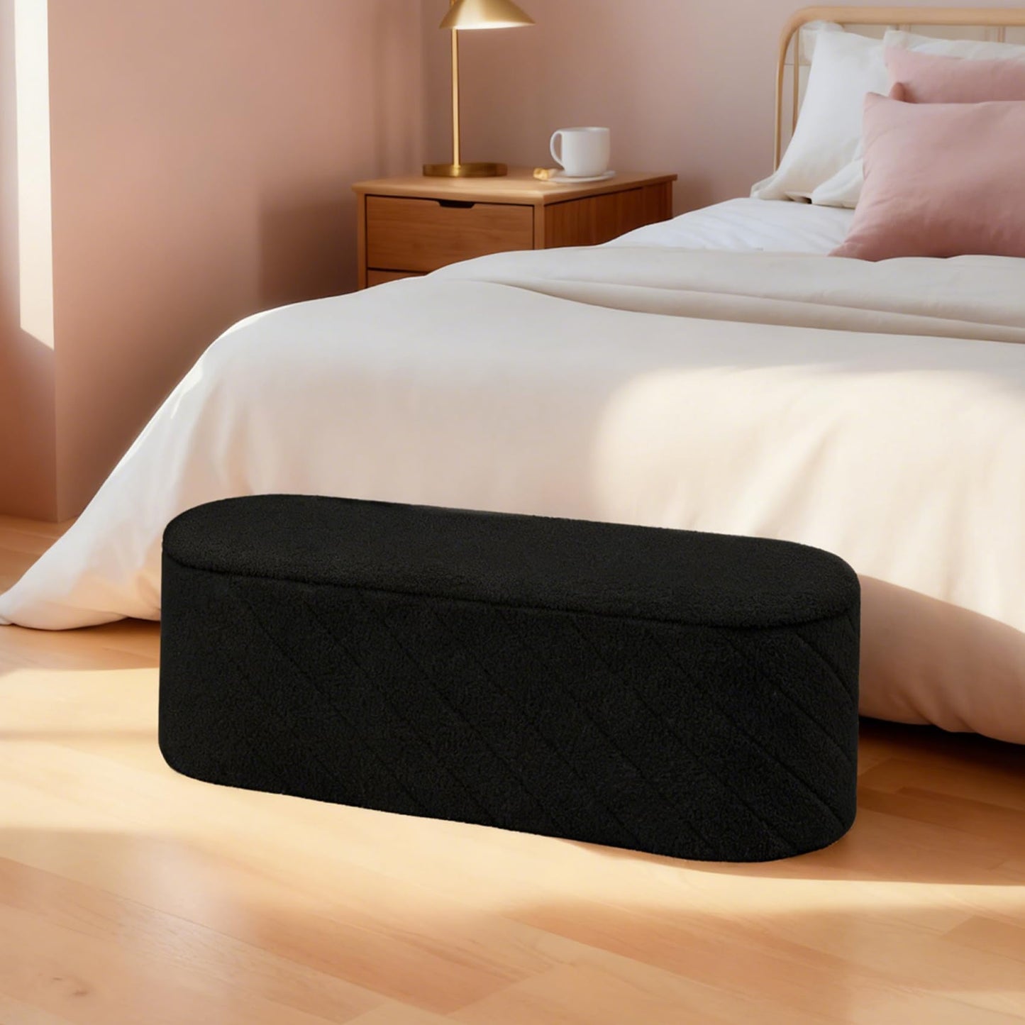Bonlife Oval Ottoman with Storage Bench, Folding Foot Rest with Lid, Boucle End of Bed Bench,Foostool for Living