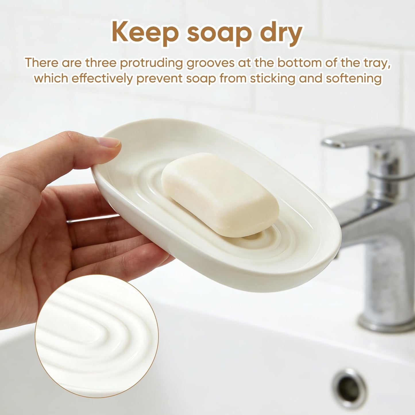Anti Slip Ceramic Soap Dish – Minimal White Soap Dish for Bathroom – Soap Tray Dish for Shower, Kitchen and Sink